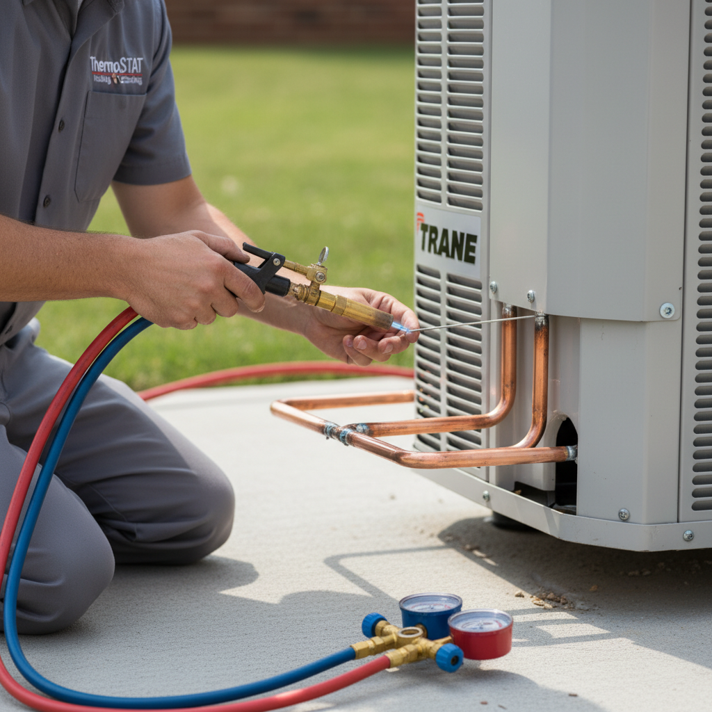 An Air Conditioning Contractor technician performing a detailed installation on an outdoor AC unit with a brazing torch and gauges in Jacksboro, TN.