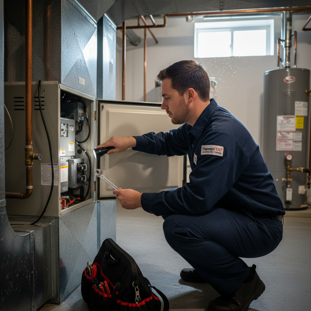 Caryville, TN HVAC expert performing routine maintenance on a residential heating system.