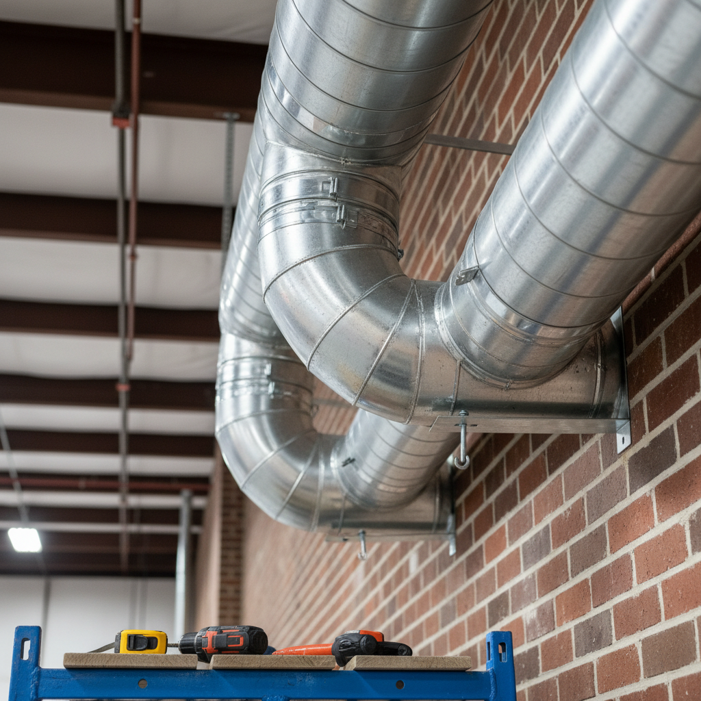 Close-up detail of commercial ductwork installation craftsmanship and materials in Jacksboro, TN.