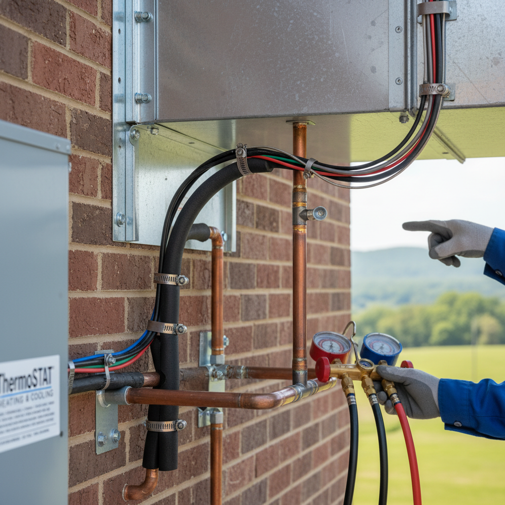 Close-up of a mechanical contractor connecting pipes and gauges during an installation in Jacksboro, TN.