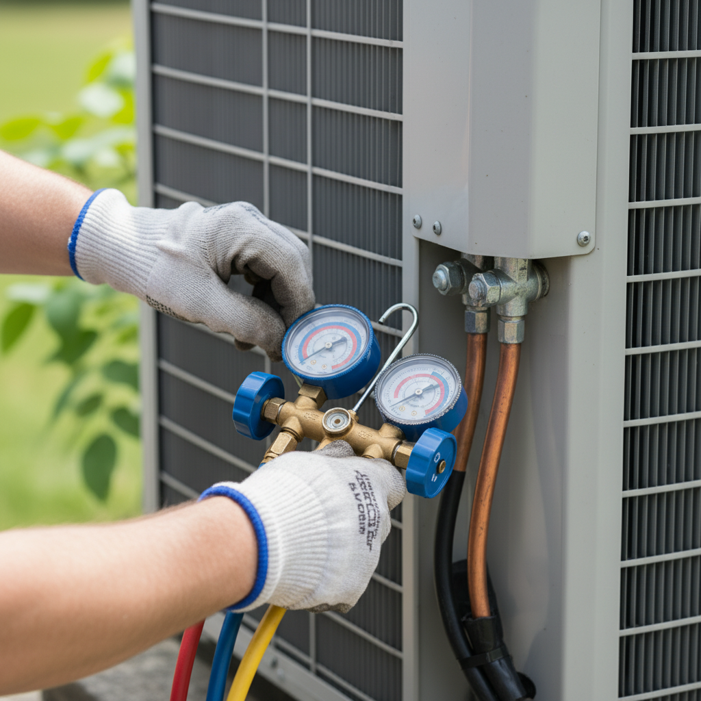 Close-up of a technician checking refrigerant levels during an air conditioning repair service in Jacksboro, TN.