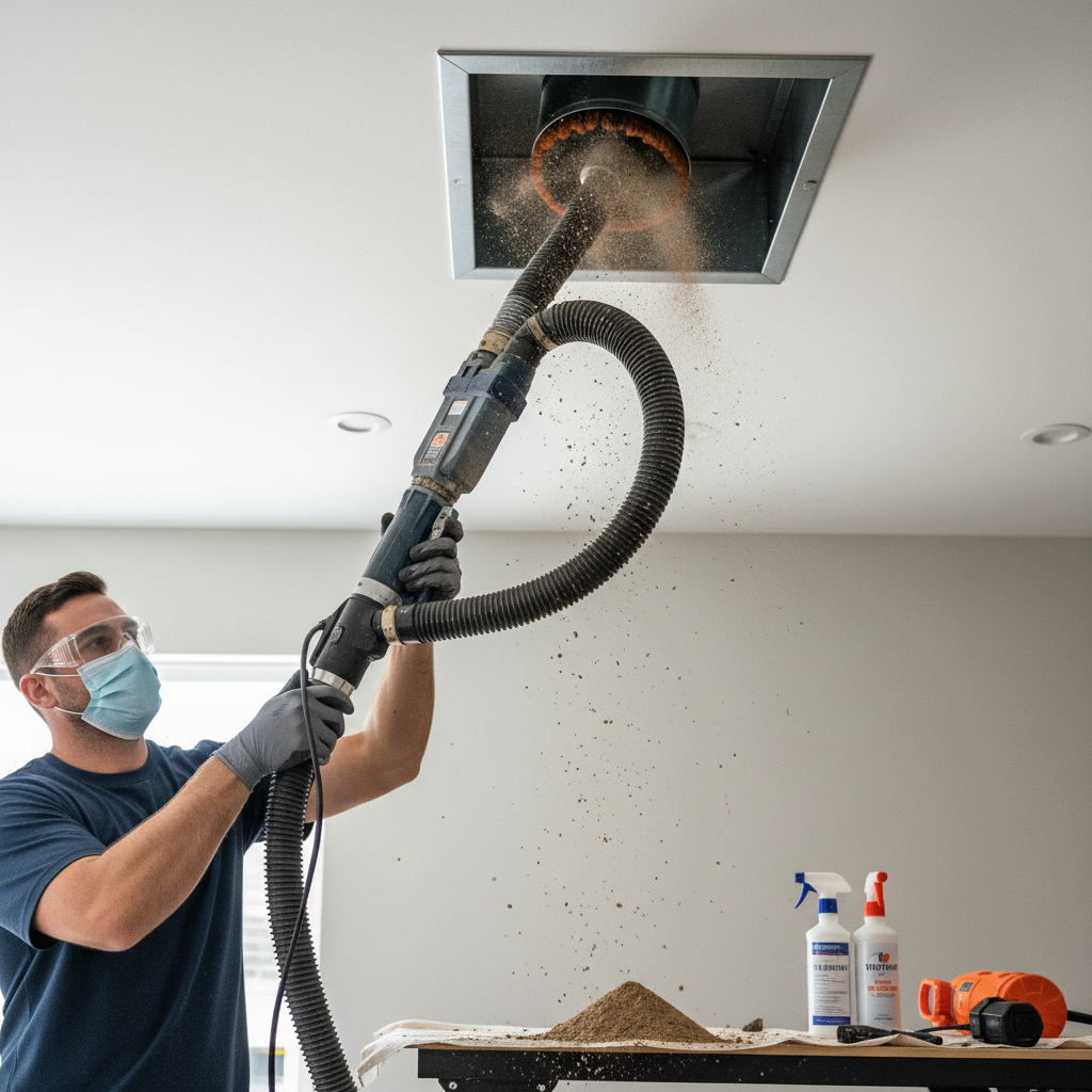 Close-up of a technician performing air duct cleaning service in Jacksboro, TN, showing dust being removed.
