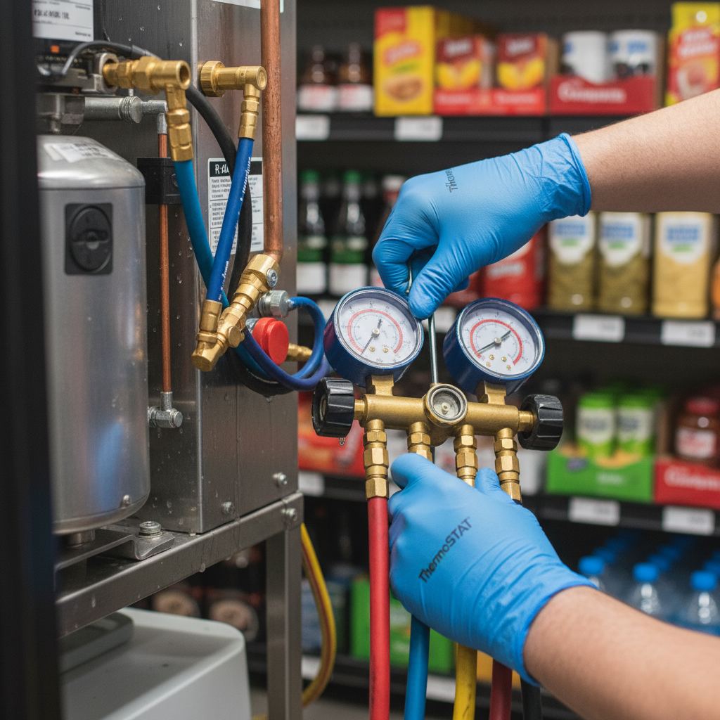 Close-up of a technician performing commercial refrigeration service in Jacksboro, TN, checking gauges.