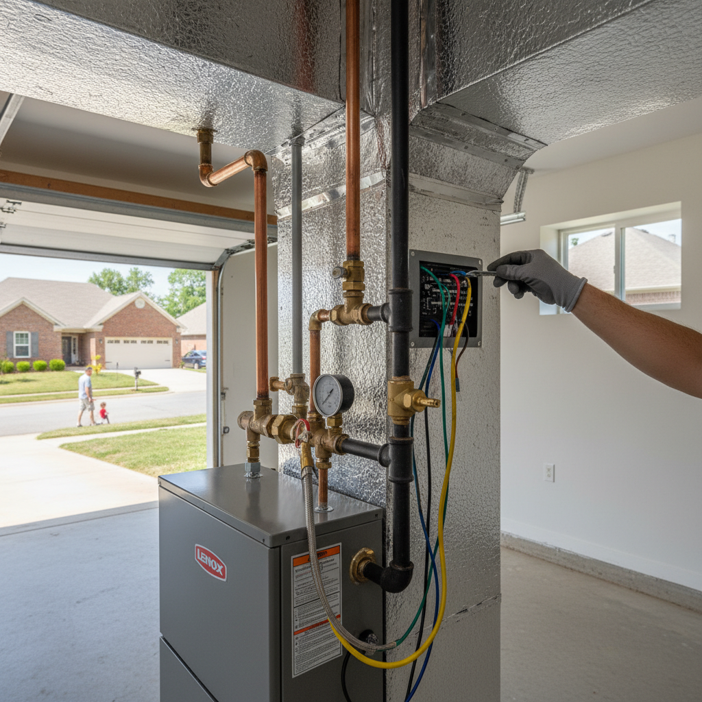 Close-up of a technician performing detail work during gas furnace installation in Jacksboro, TN.