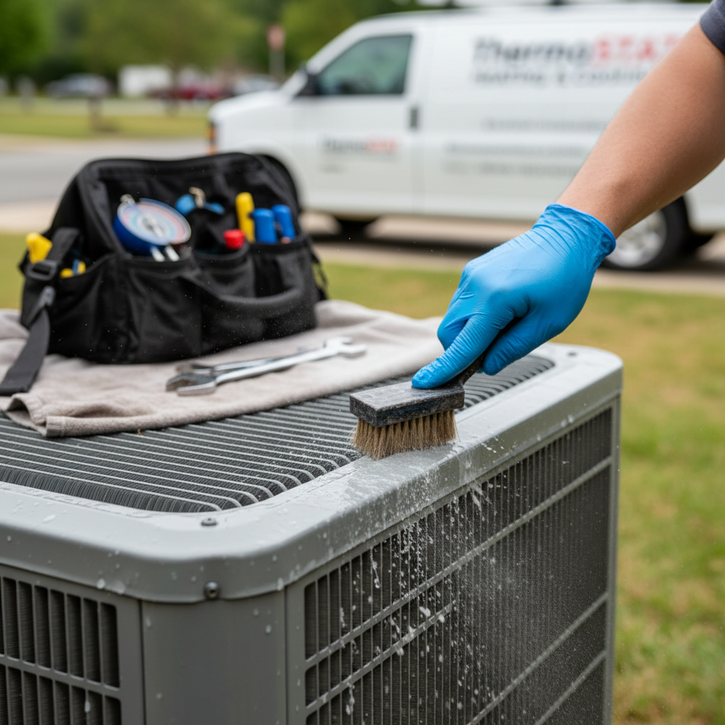 Close-up of a technician performing detailed HVAC maintenance on an outdoor unit in Jacksboro, TN.