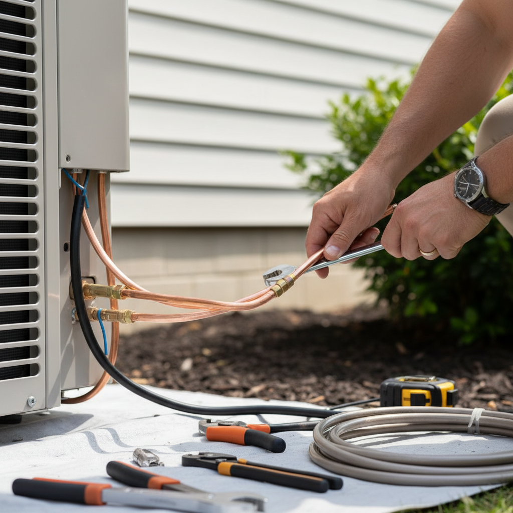 Close-up of a technician performing ductless AC installation, connecting lines for a Jacksboro, TN home.