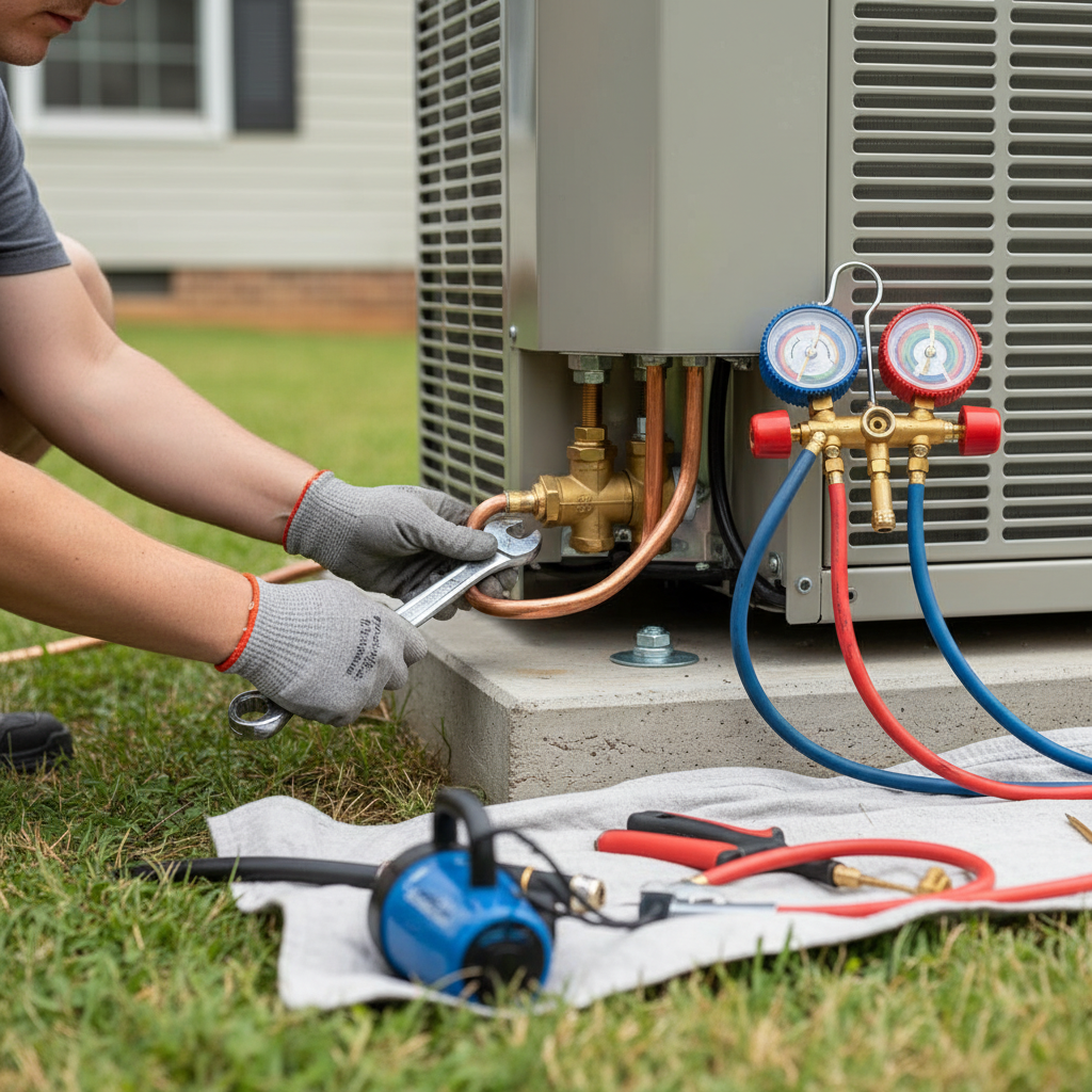 Close-up of a technician performing precise AC replacement connections and checks in Jacksboro, TN.