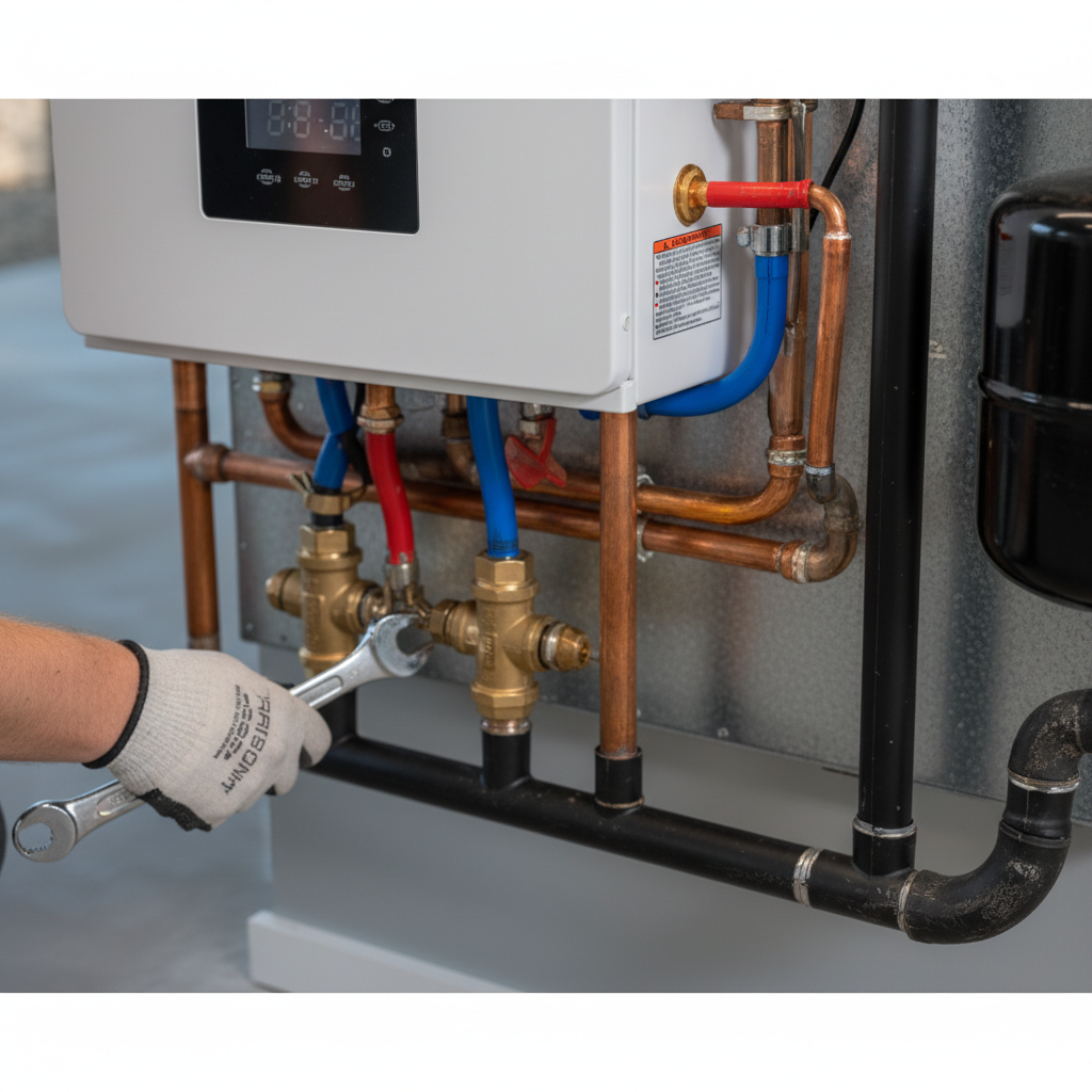 Close-up of a technician performing precise boiler installation work in Jacksboro, TN, connecting pipes and fittings.