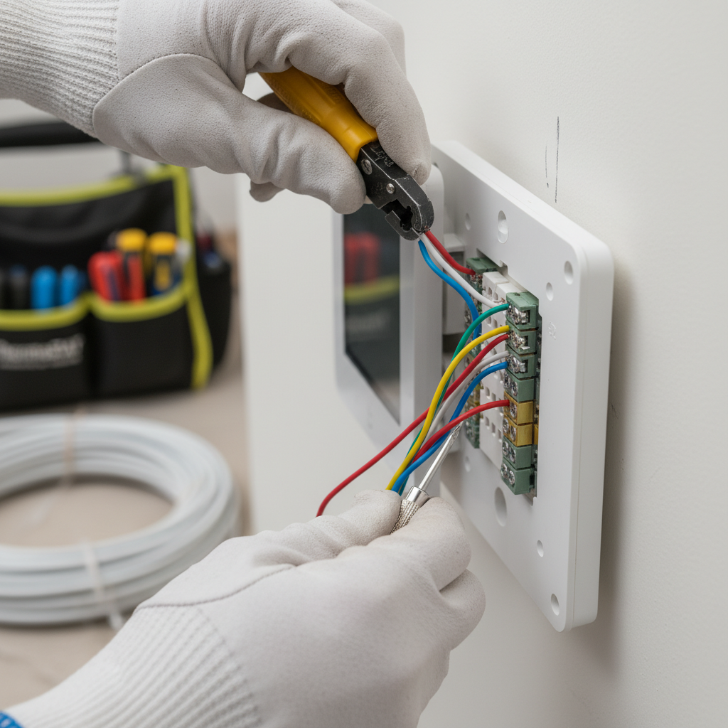 Close-up of a technician wiring a thermostat during an installation service in Jacksboro, TN.