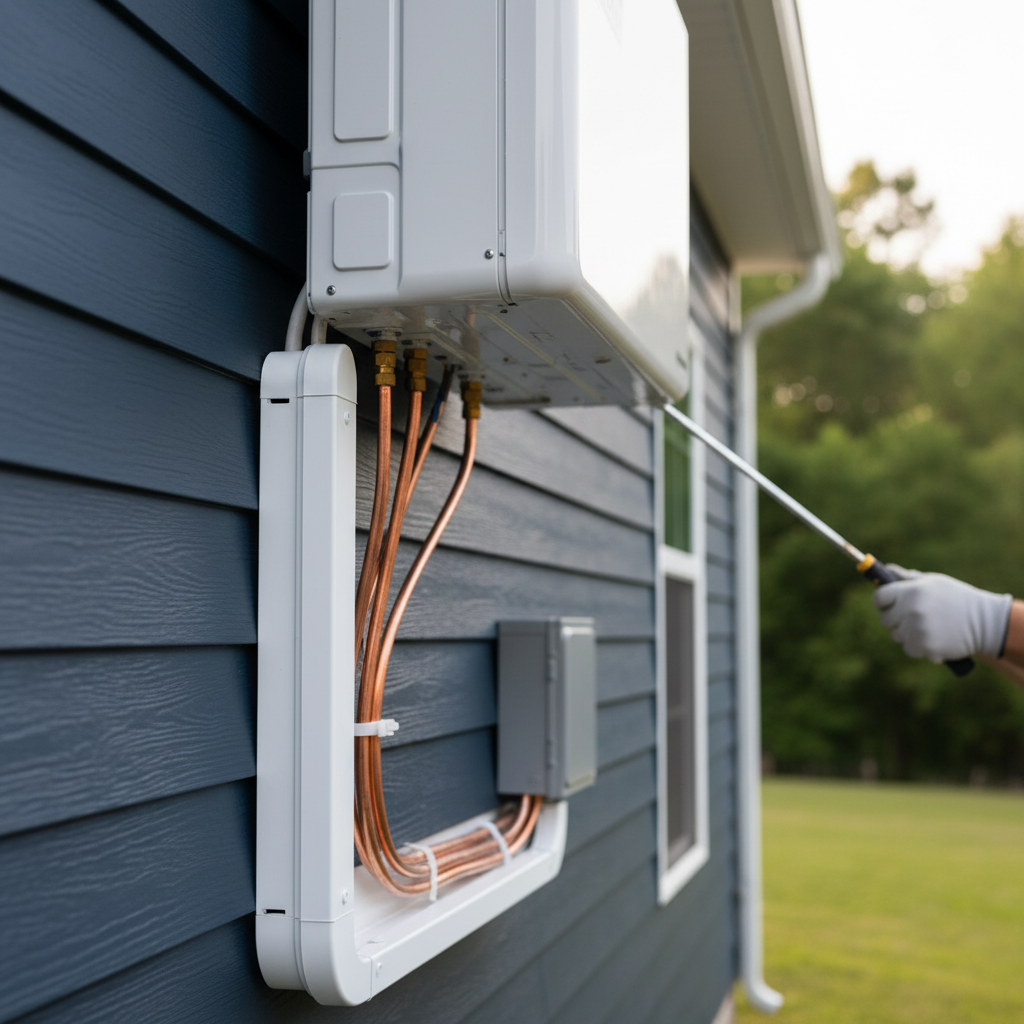 Close-up of a technician working on the copper lines of a mini split installation in Jacksboro, TN, showcasing precise craftsmanship.