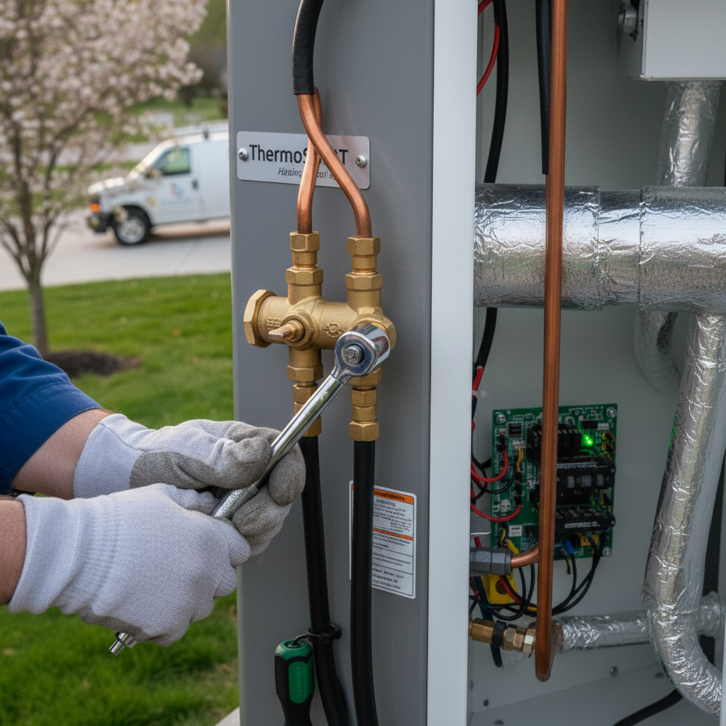 Close-up of an HVAC contractor performing a detailed installation technique on an outdoor unit in Jacksboro, TN.