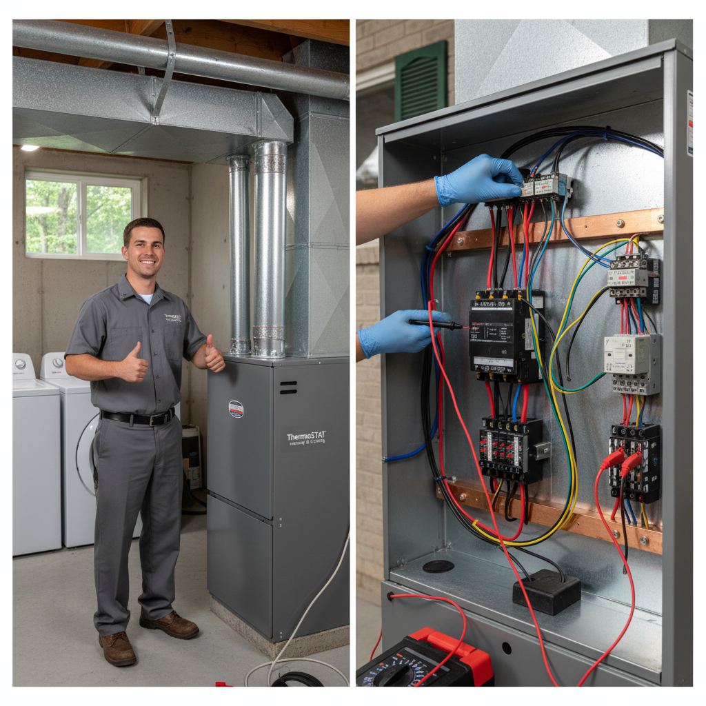 Close-up of an HVAC technician performing electric furnace repair with wiring and tools in Jacksboro, TN.