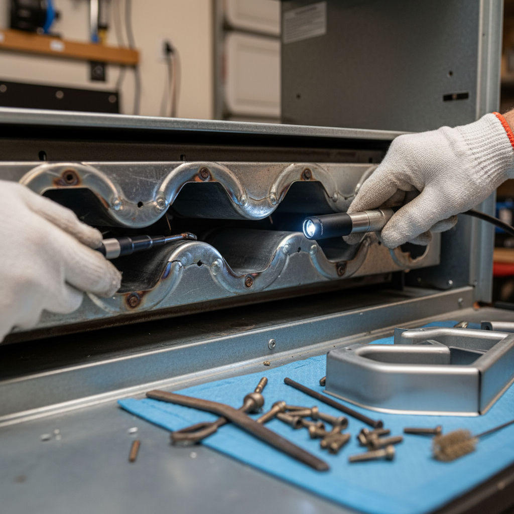 Close-up of hands inspecting a furnace heat exchanger during repair service in Jacksboro, TN.