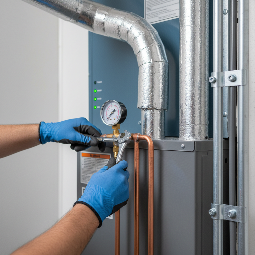 Detail of skilled technician performing high efficiency furnace installation with precision in Jacksboro, TN.