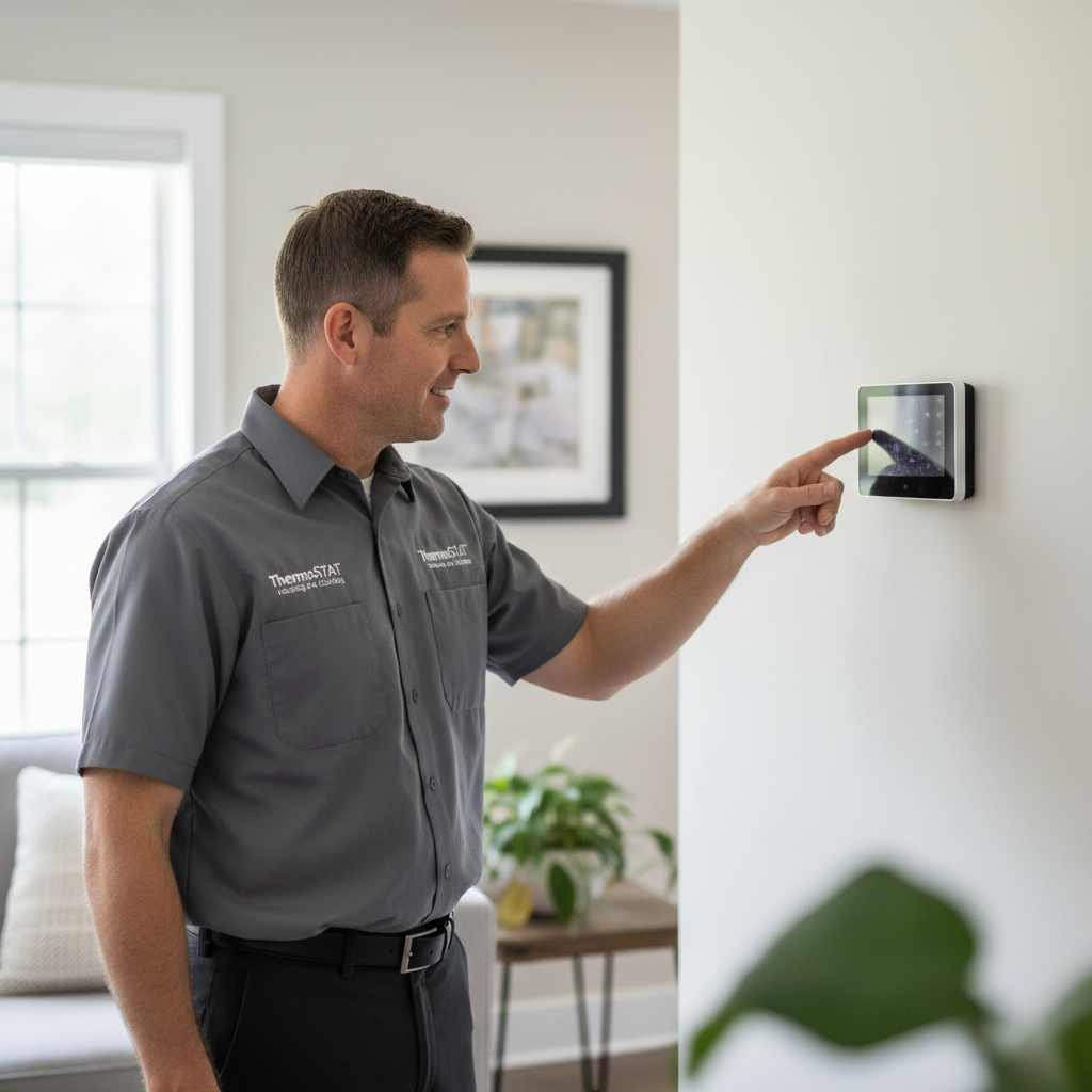 Experienced HVAC specialist explaining a new thermostat installation to a homeowner in Caryville, TN.
