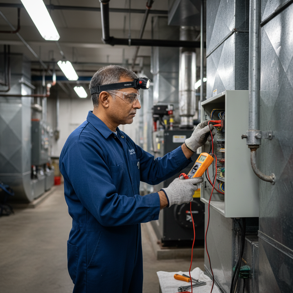 Experienced HVAC specialist inspecting a commercial heating unit in Caryville, TN for optimal performance.