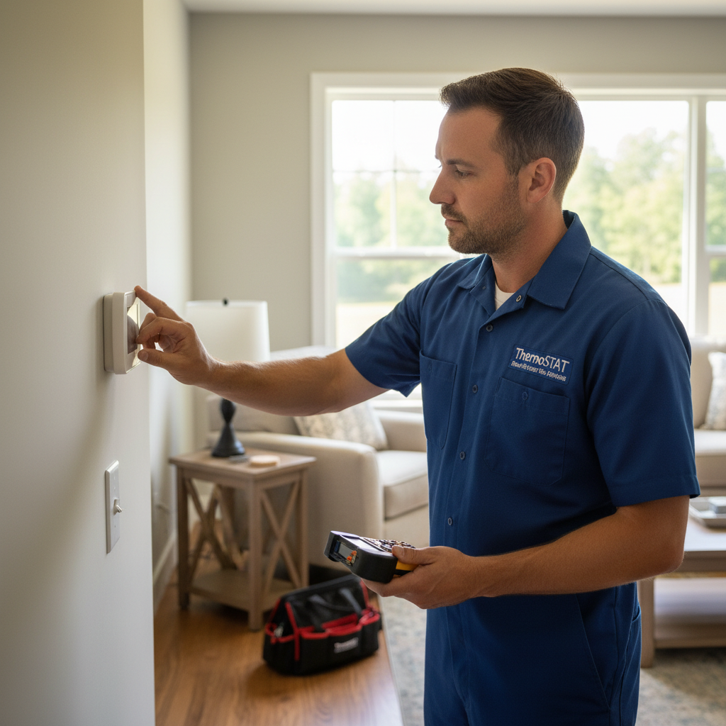 Experienced HVAC specialist inspecting a thermostat in a Caryville, TN residence, ensuring precise temperature control.
