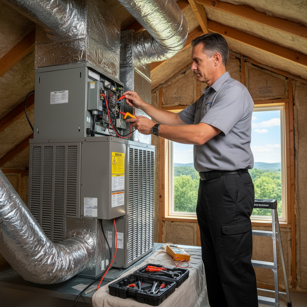 Experienced HVAC specialist performing air conditioning repair in a Caryville, TN home, ensuring comfort.