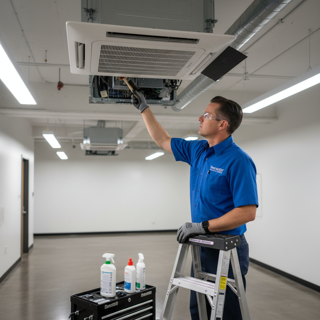 Experienced HVAC specialist performing routine AC maintenance in a Caryville, TN business.