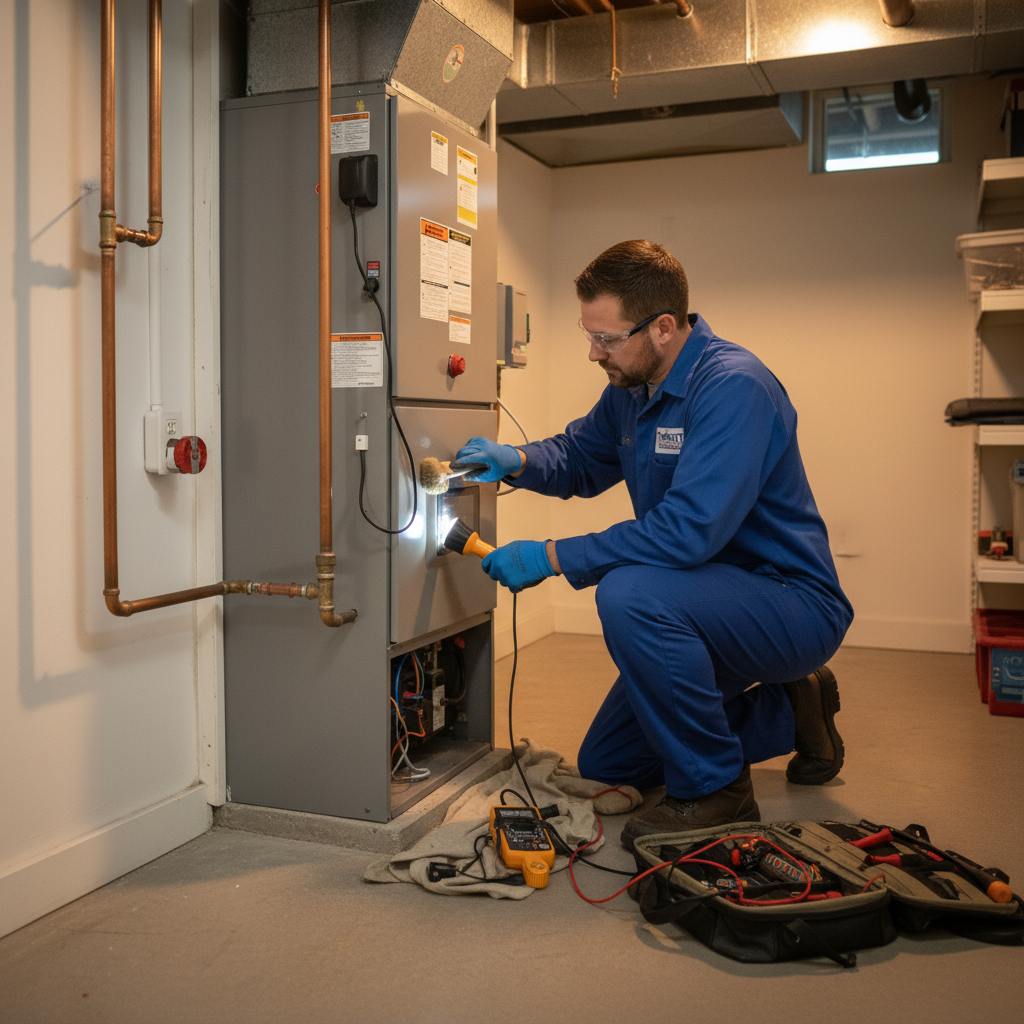 Experienced HVAC specialist performing routine maintenance on a heating system in Caryville, Tennessee.