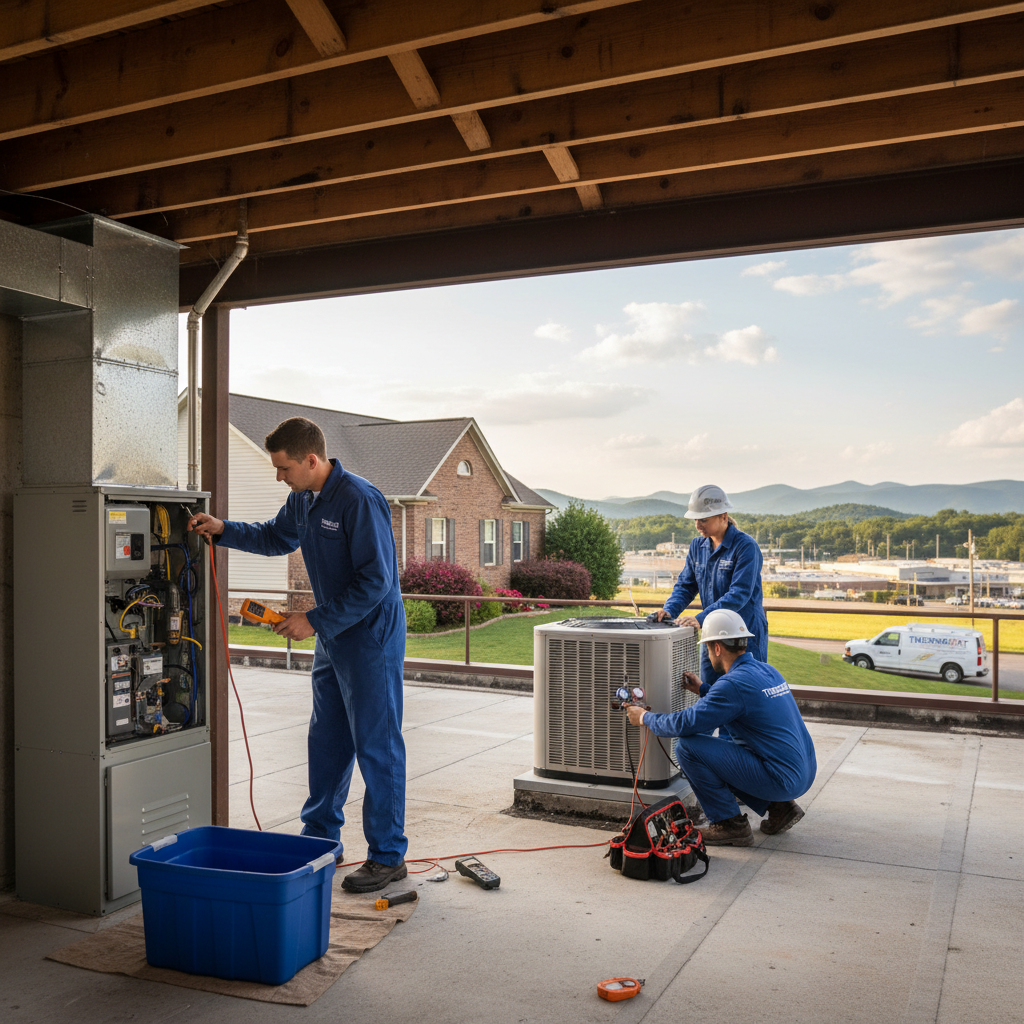 Experienced HVAC technician from ThermoSTAT Heating and Cooling inspecting a furnace in a LaFollette, TN home.