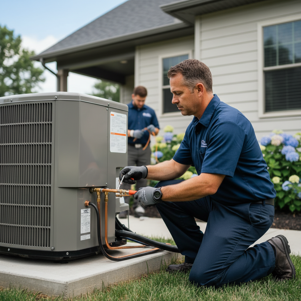 Experienced HVAC technician installing a new air conditioning unit in a Jacksboro, TN residence.
