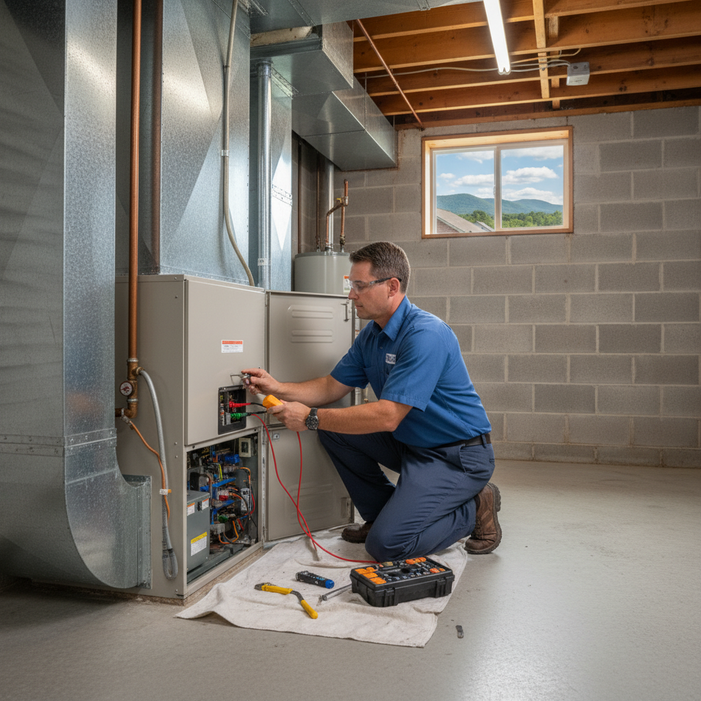Experienced HVAC technician performs heating system maintenance for a client in LaFollette, Jacksboro, Caryville, Campbell County TN.