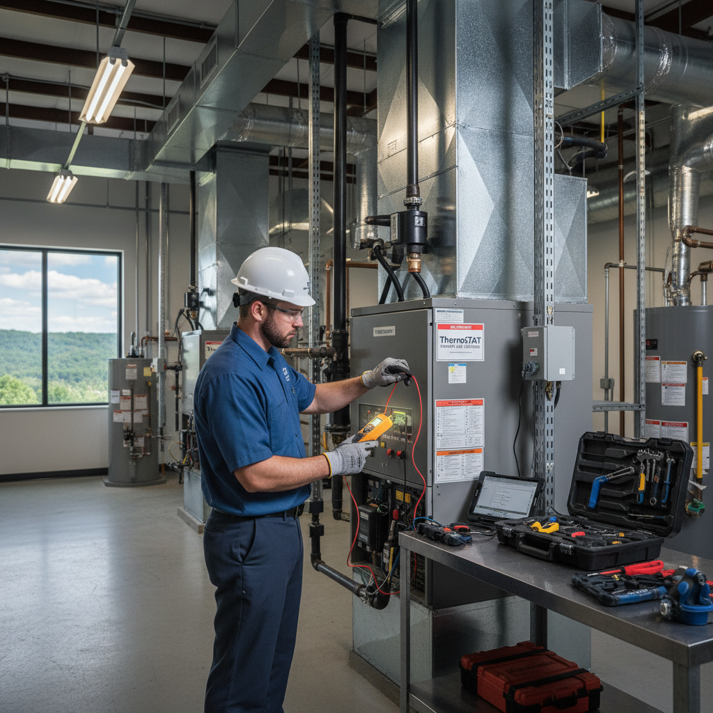 Experienced HVAC technician repairing a commercial heating system in Caryville, TN.