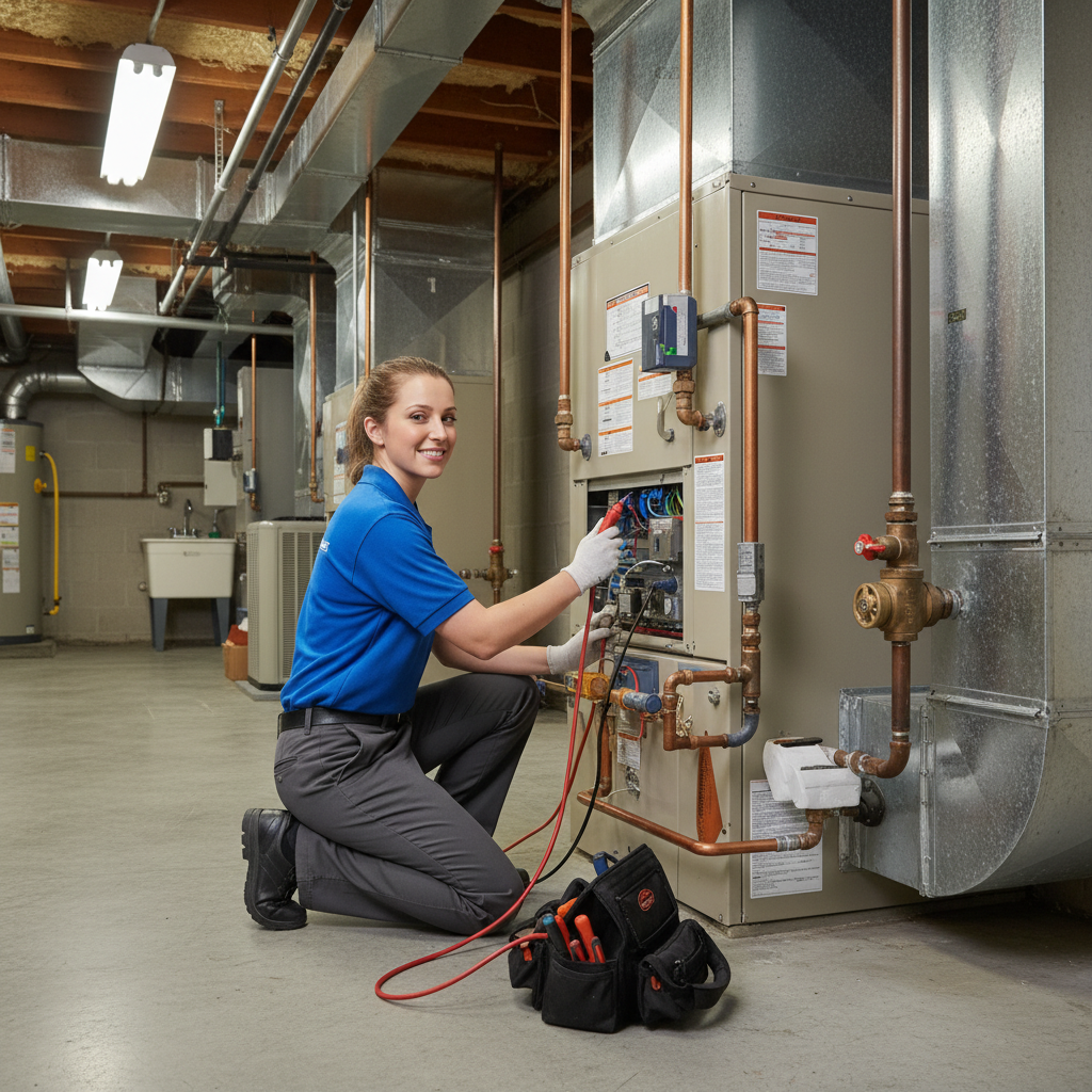 Experienced HVAC technician repairing a commercial heating system in Caryville, TN for optimal business comfort.