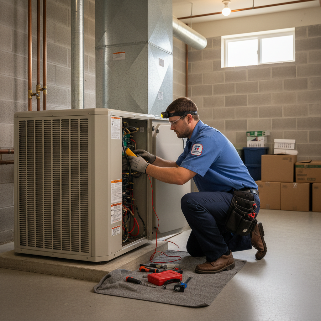 Experienced HVAC technician repairing a furnace in a Caryville, TN residence.