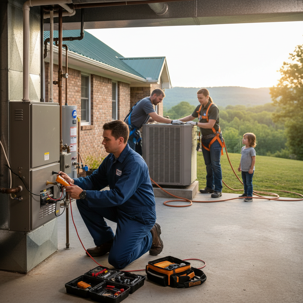 Experienced HVAC technician repairing a furnace in a LaFollette, TN home, ensuring reliable heating.
