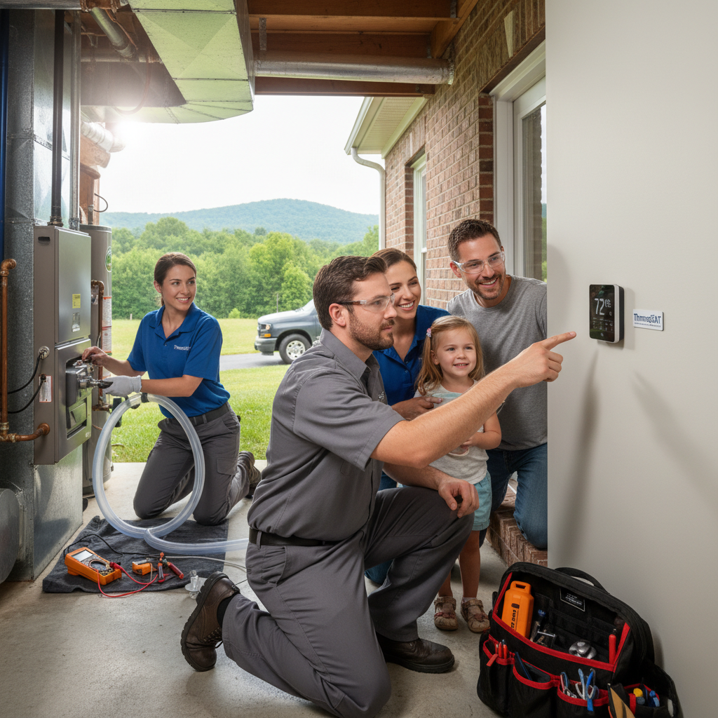Experienced HVAC technician servicing a furnace in a LaFollette, TN home, ensuring reliable heating.