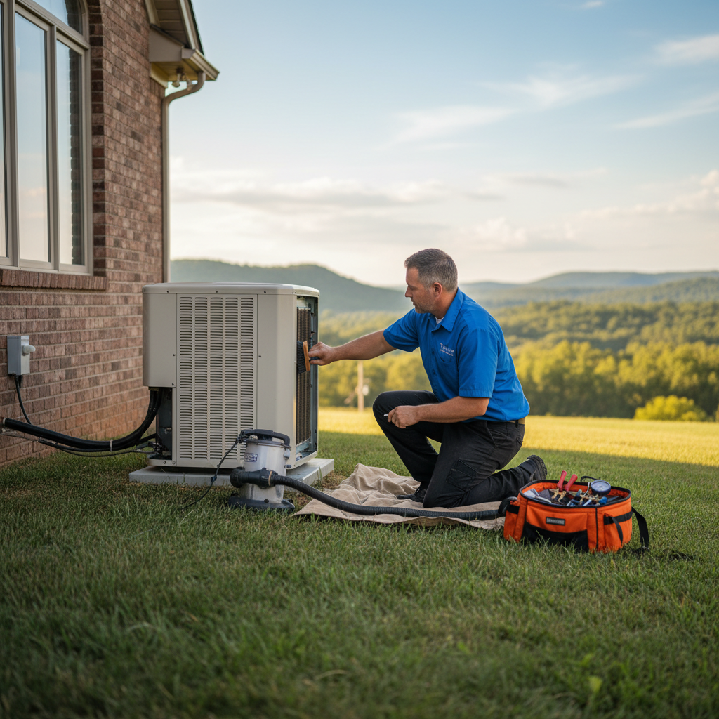 Experienced HVAC technician servicing a residential air conditioning unit in Jacksboro, Campbell County TN.