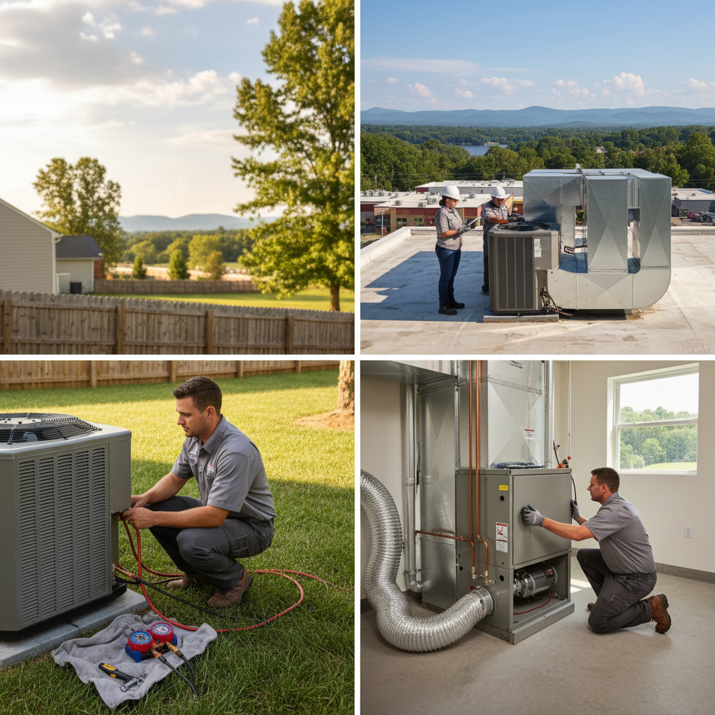 Experienced HVAC technician servicing a residential air conditioning unit in LaFollette, Campbell County TN.