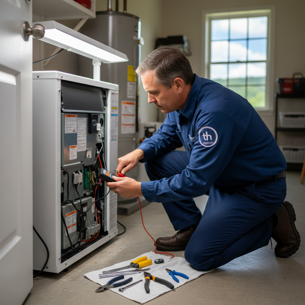 Experienced ThermoSTAT Heating and Cooling technician performing AC repair in a Jacksboro residence.