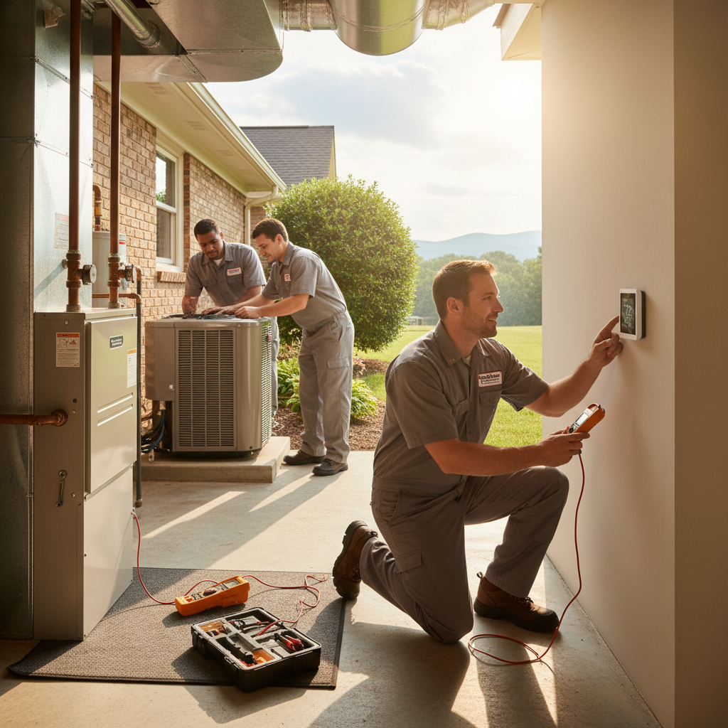 Expert HVAC technician performing heating system repair in a LaFollette, Tennessee home.