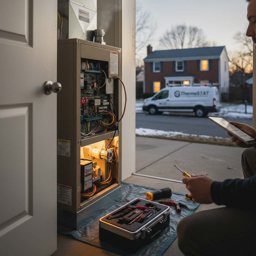 Expert technician performing Furnace Repair Service on a residential unit in Jacksboro, TN at dusk.