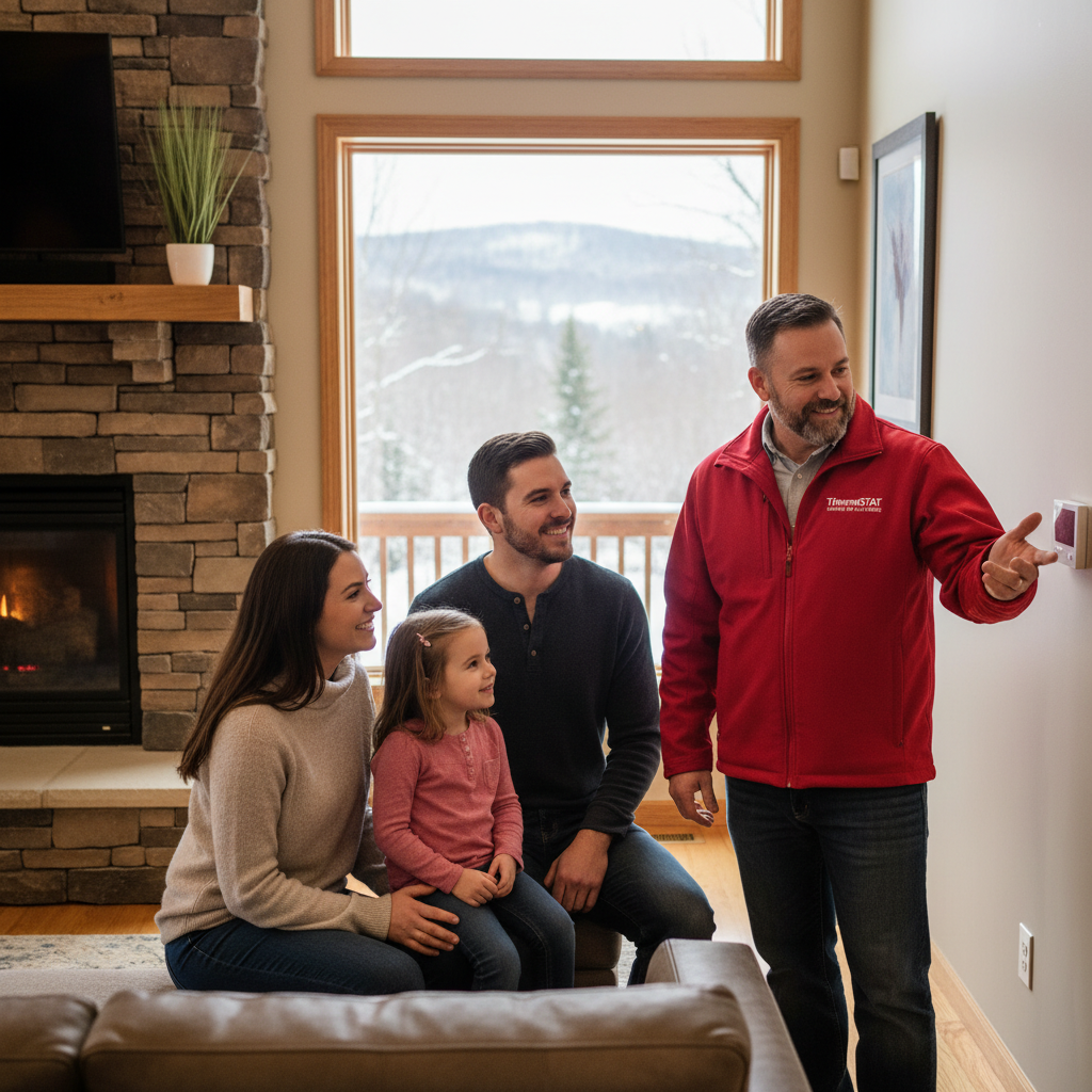 Friendly HVAC expert discussing heating solutions with a smiling family in LaFollette, TN.