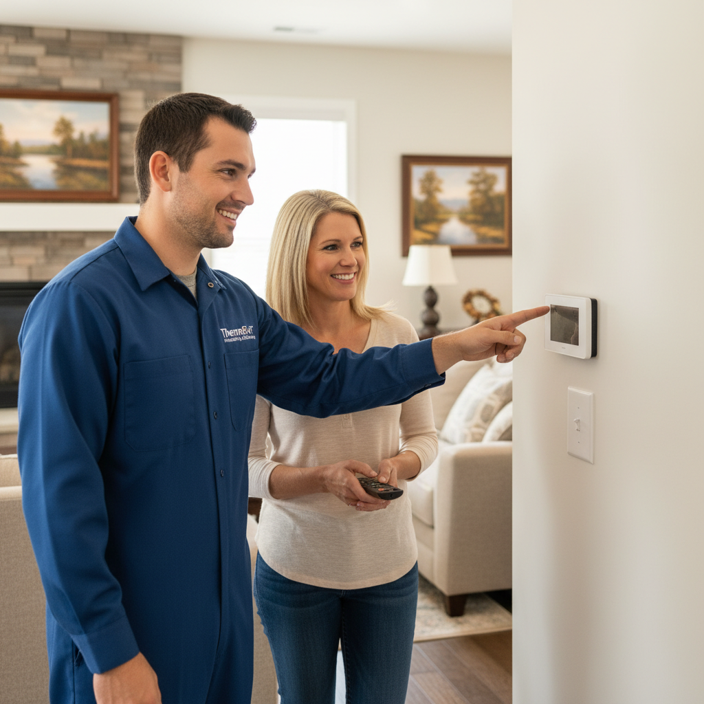 Friendly ThermoSTAT Heating and Cooling specialist discussing a new thermostat installation with a homeowner in Jacksboro, TN.