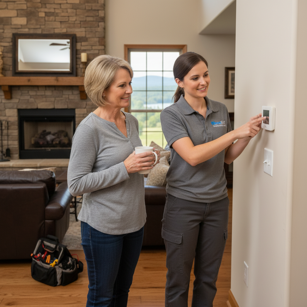 Friendly ThermoSTAT Heating and Cooling specialist discussing heating solutions with a client in Caryville, TN.