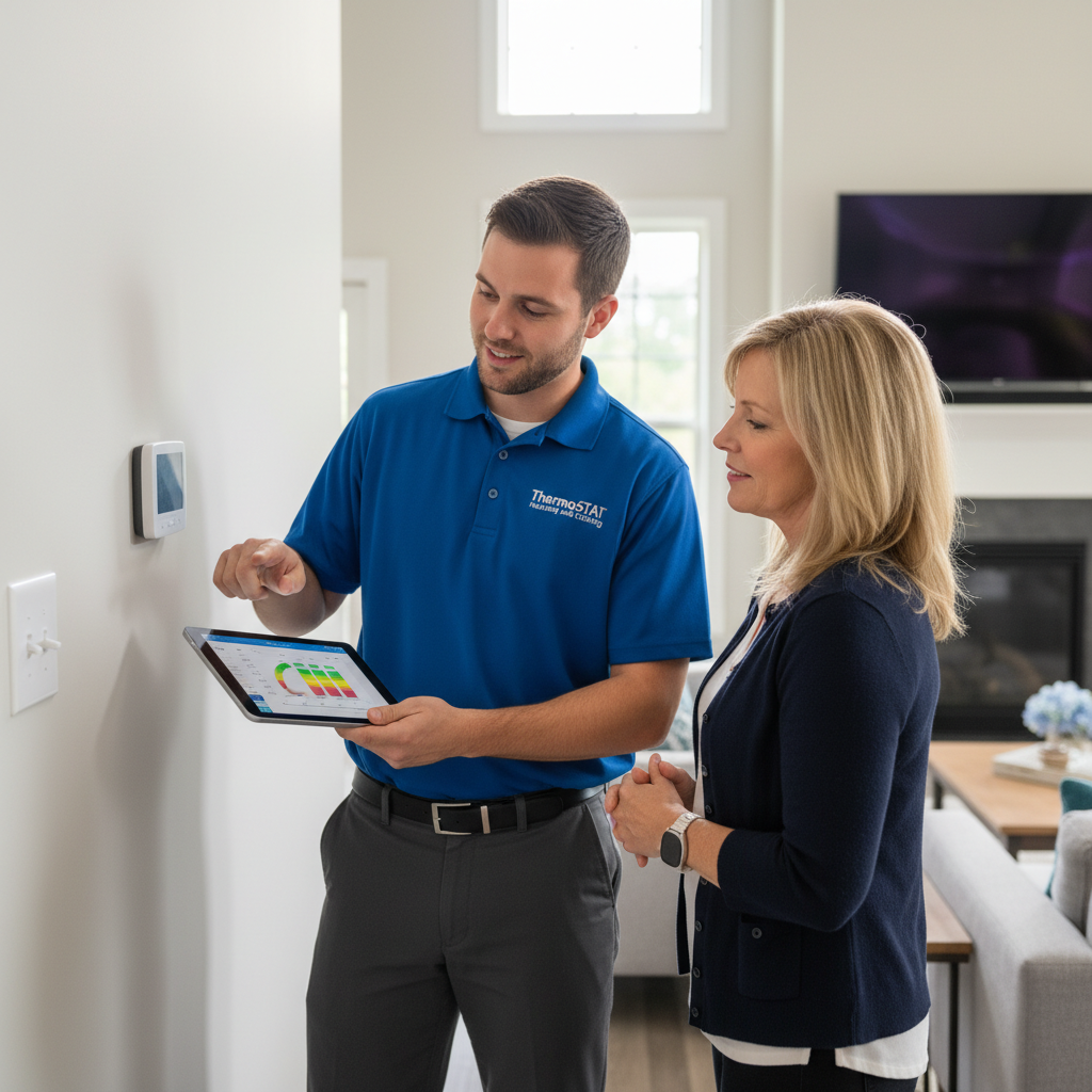 Friendly ThermoSTAT Heating and Cooling specialist discussing HVAC maintenance with a client in Caryville, TN.