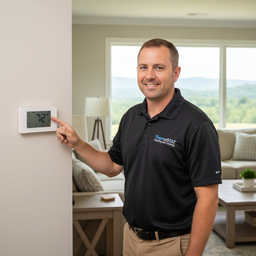 Friendly ThermoSTAT technician checking an indoor thermostat in a LaFollette, Jacksboro, Caryville home in Campbell County, TN.