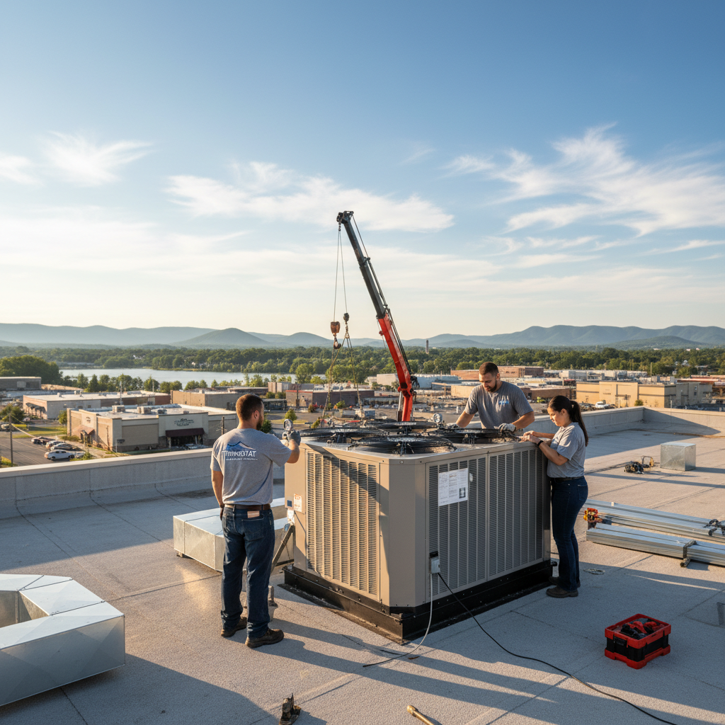 HVAC installation by ThermoSTAT Heating and Cooling professionals at a Jacksboro, TN business.