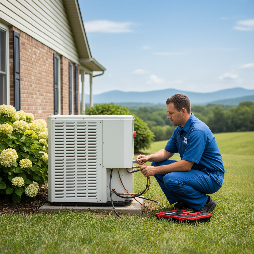 HVAC professional installing a new air conditioning unit outside a Jacksboro, TN residence.