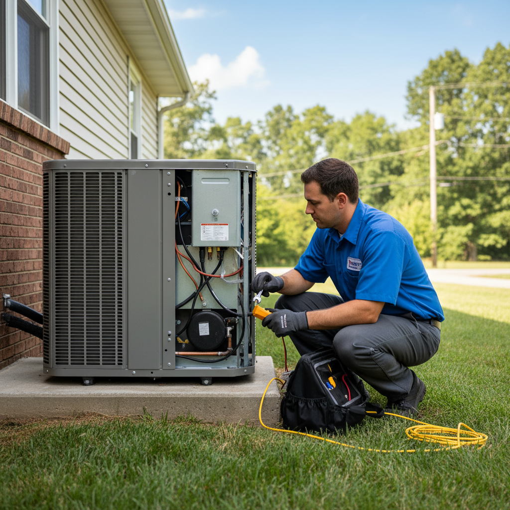 HVAC specialist performing an AC unit repair outside a home in Jacksboro, TN.