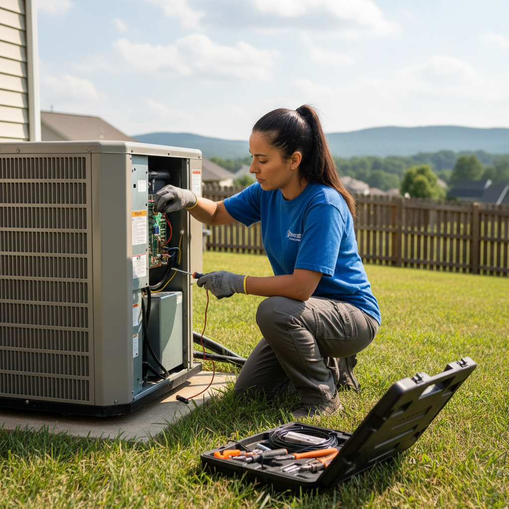 HVAC specialist performing an air conditioning repair service in a Jacksboro, TN residence.