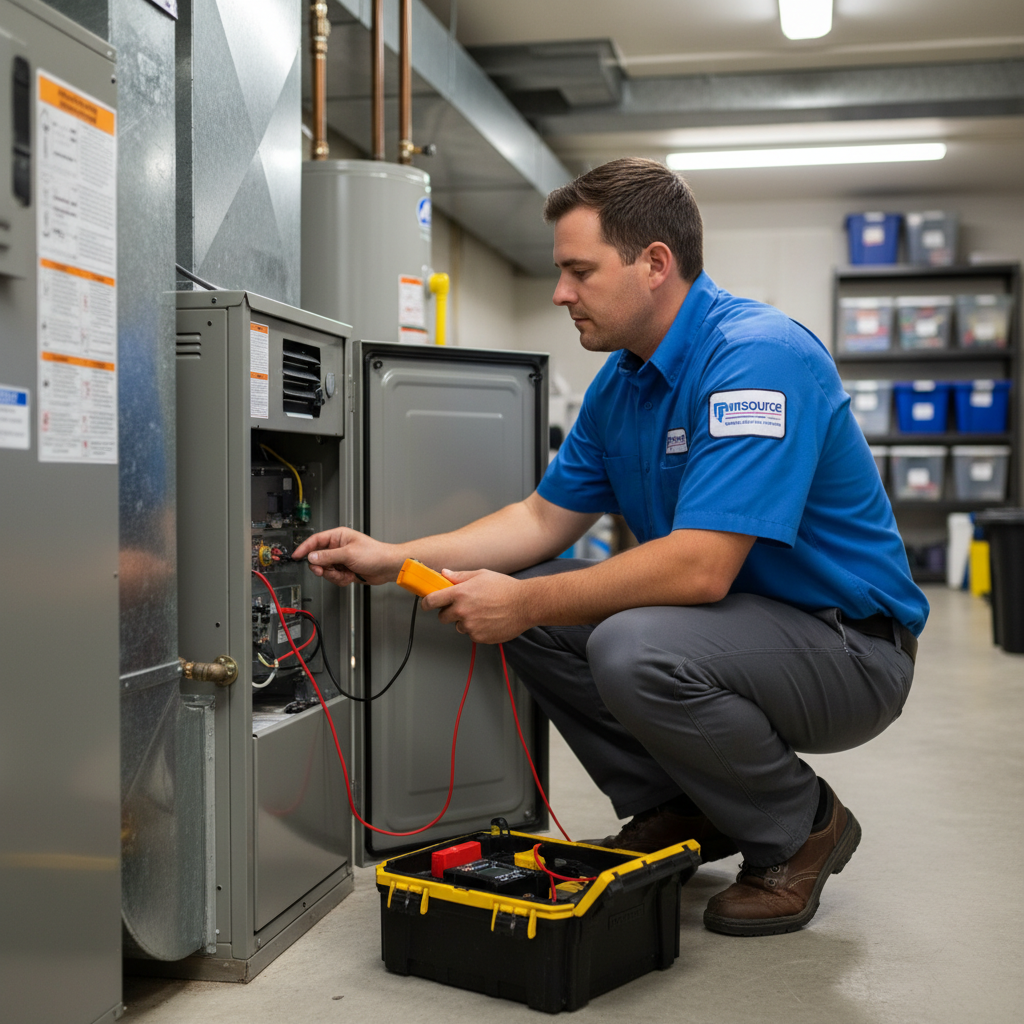 HVAC technician from ThermoSTAT checking a furnace in a Jacksboro, Tennessee home.
