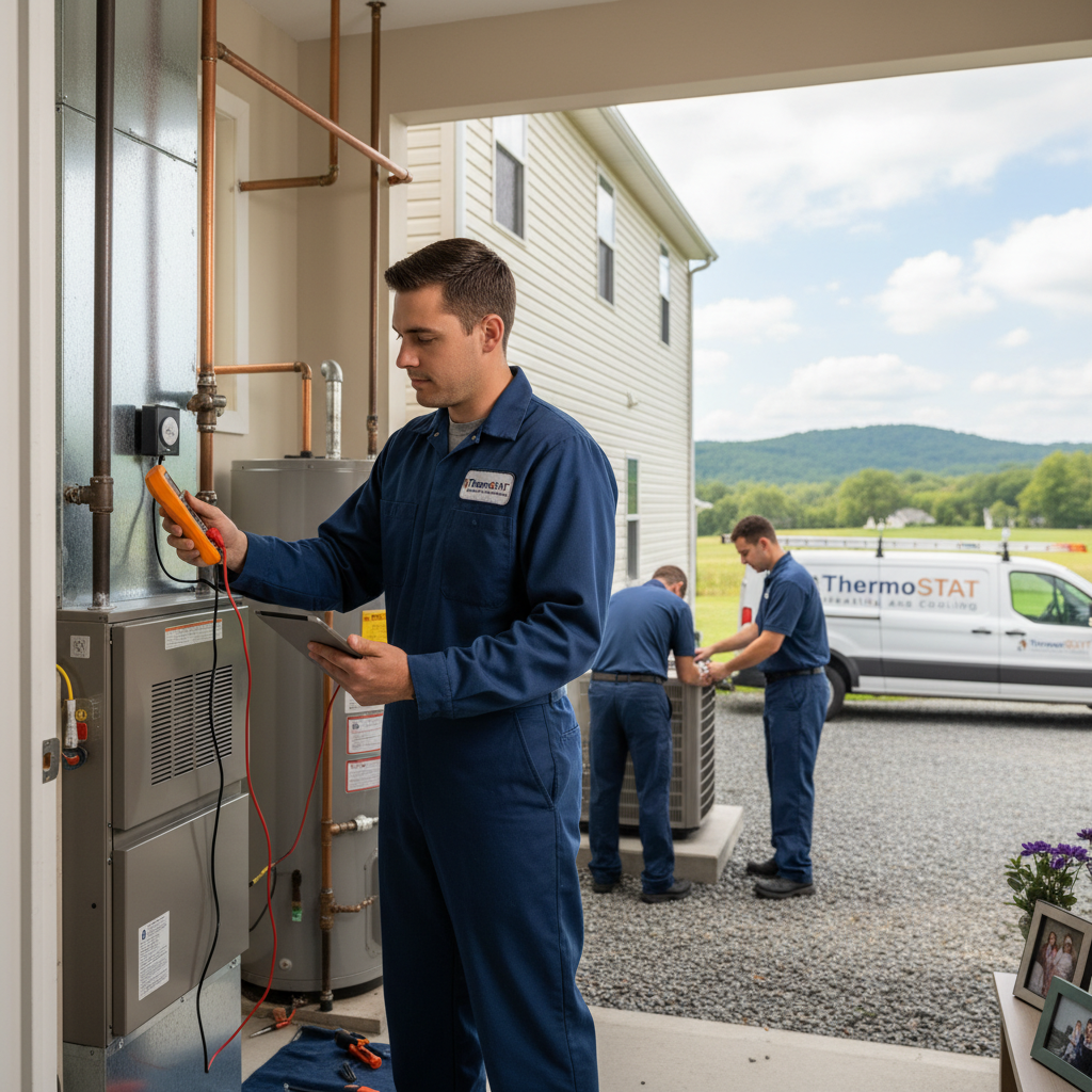HVAC technician from ThermoSTAT Heating and Cooling checking a furnace in a LaFollette, TN home.
