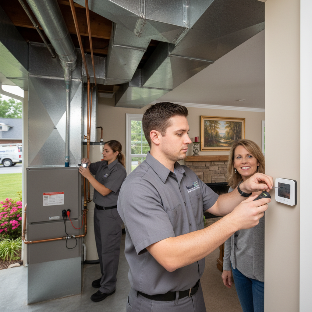 HVAC technician from ThermoSTAT Heating and Cooling inspecting a residential furnace in LaFollette, Tennessee.