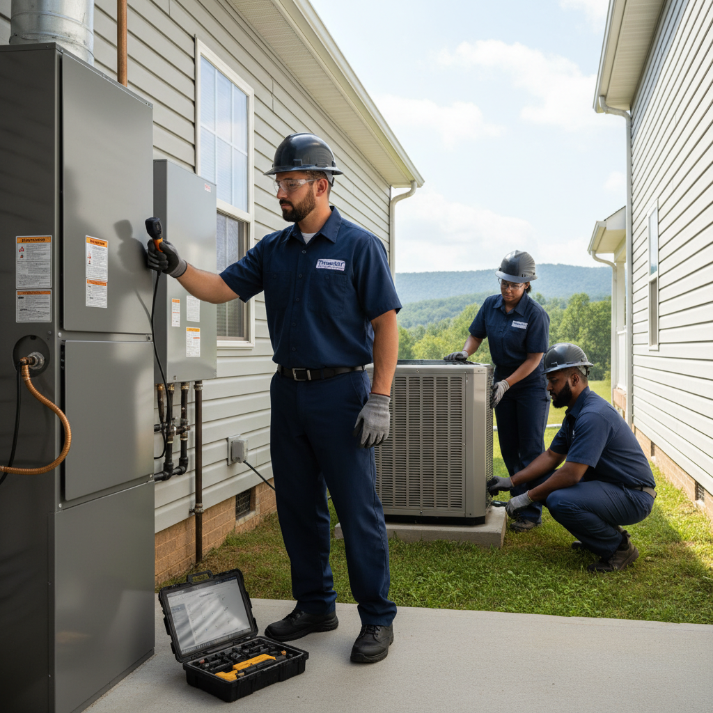 HVAC technician from ThermoSTAT Heating and Cooling inspecting a furnace in a LaFollette, TN home.